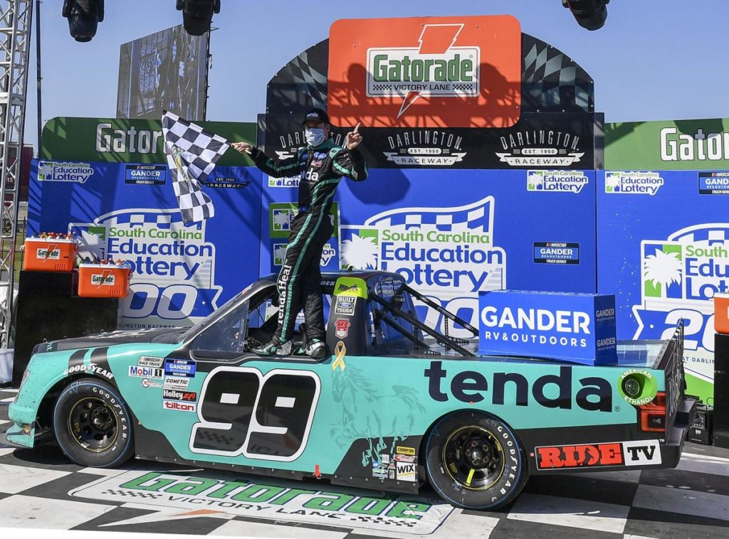 ben rhodes steals win in gander trucks finish at darlington