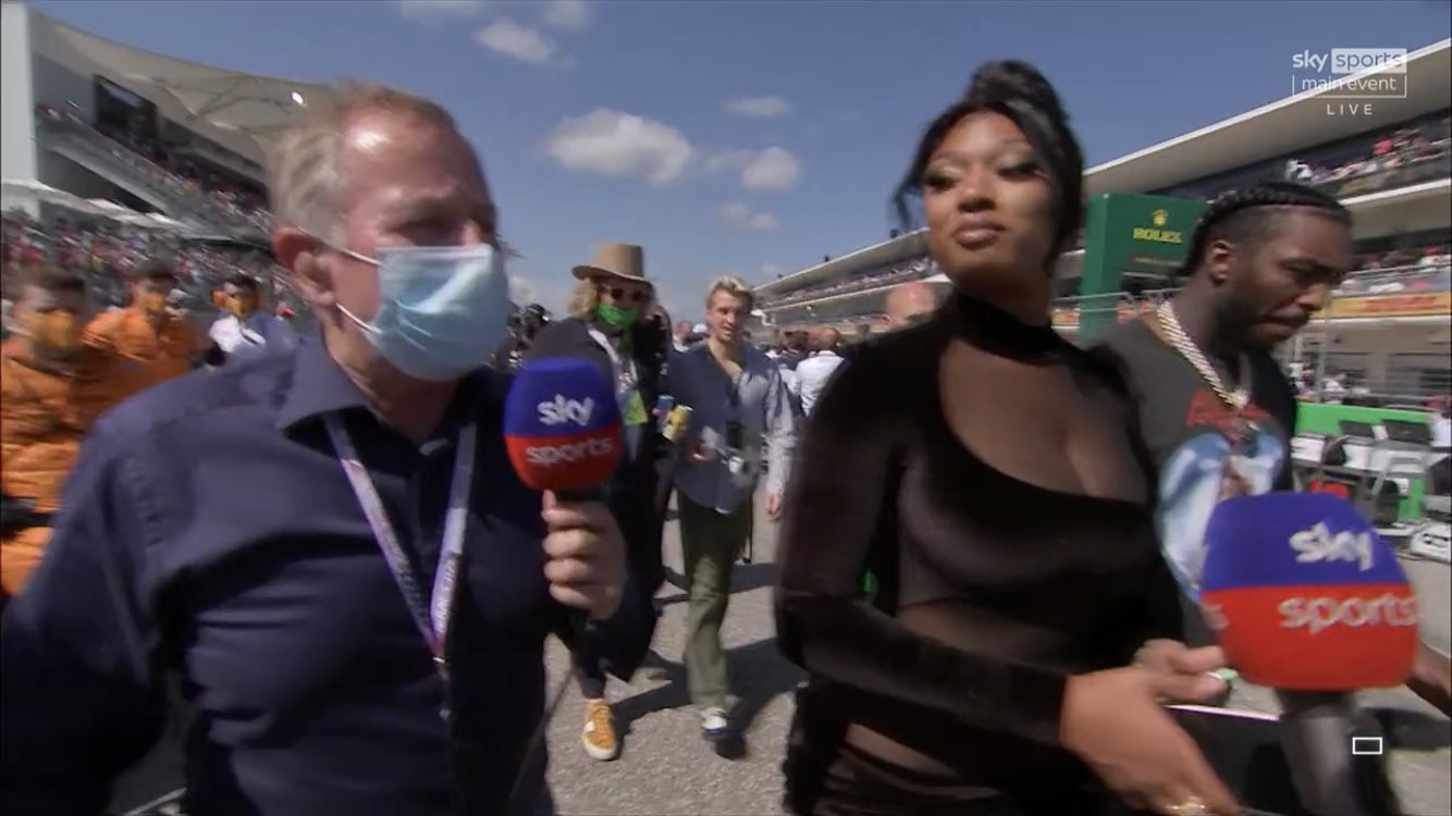 Awkward moments as Martin Brundle attempts to interview Megan Thee Stallion at the US Grand Prix