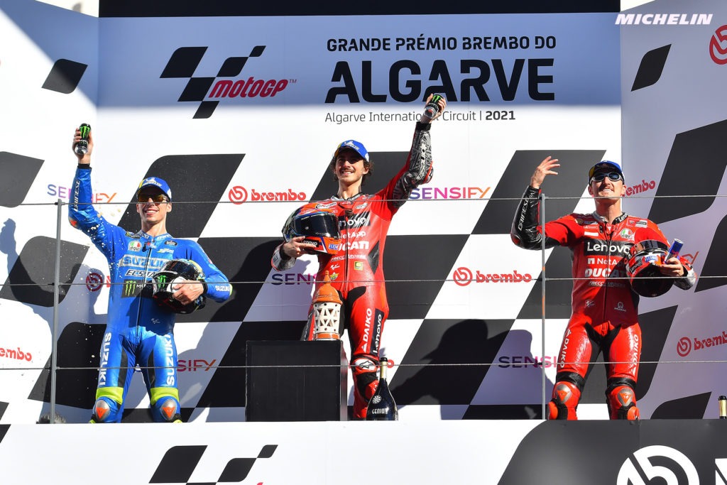 bagnaia wins crash filled algarve gp ahead of mir and miller(full results)