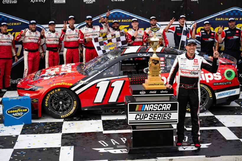 Denny Hamlin Cup Series win at Darlington Goodyear 400 Joe Gibbs Racing pit crew overtime restart