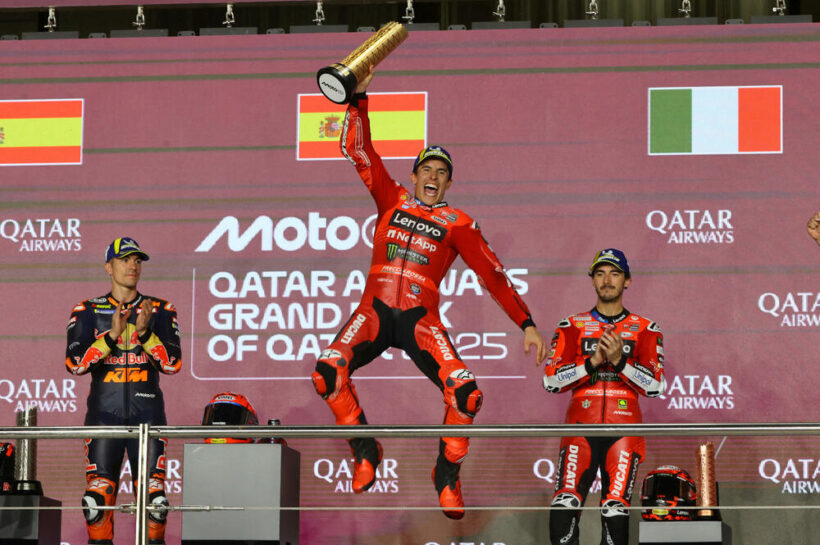 Marc Marquez 2025 Qatar MotoGP victory Maverick Vinales Francesco Bagnaia